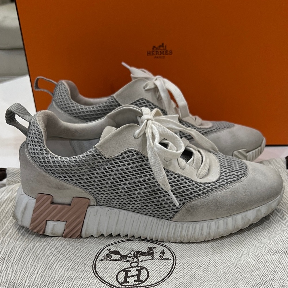 Hermès Beige and Gray Mesh Sneakers